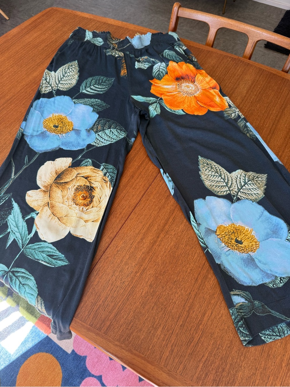 Dark Blue Maeve Lounge Pants with Blue, Orange & Cream Blooms